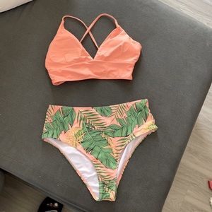 Coral tropical print bikini never been worn